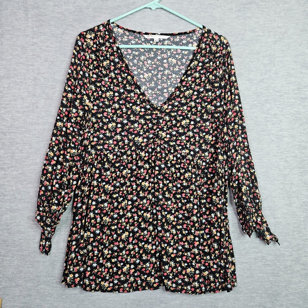 The Nines by Hatch Women's Sz Large Black Floral Long Sleeve Babydoll Tunic Top